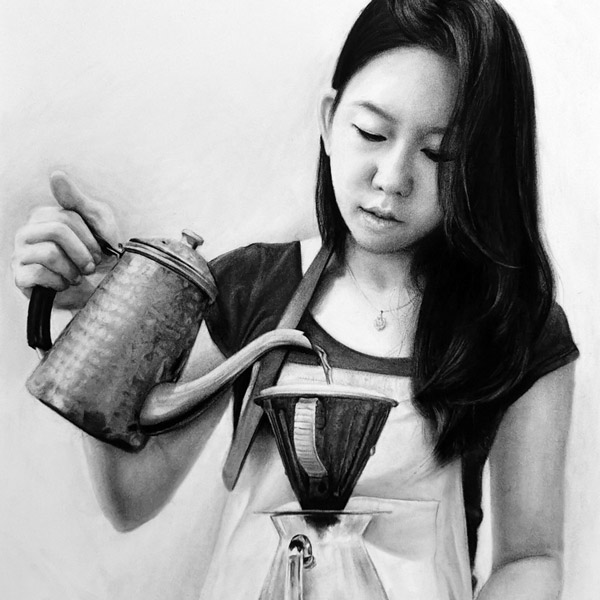Commissioned portrait of a beautiful making coffee. Black and white charcoal drawing.