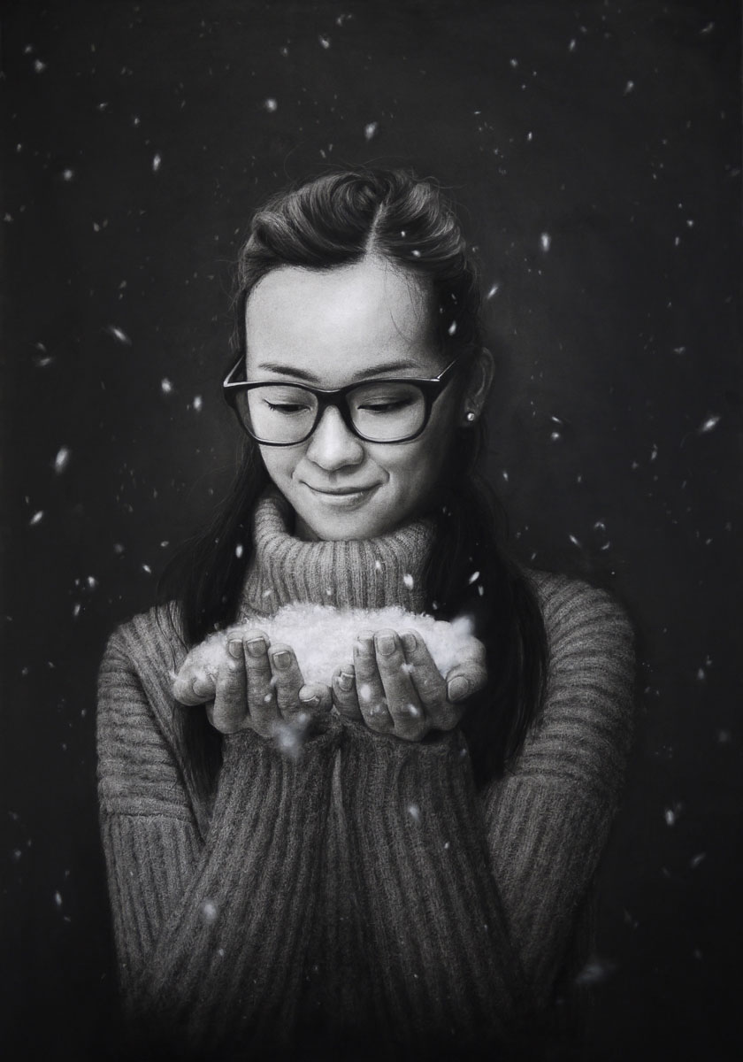 Flora - realistic portrait of a beautiful girl in the snow. Charcoal drawing.