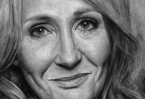 J. K. Rowling - black and white portrait of famous writers by Singapore charcoal drawing artist Liu Ling