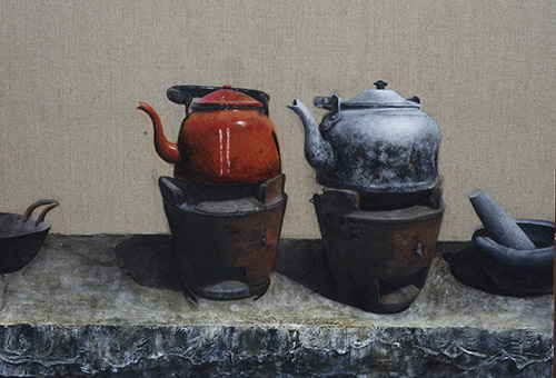 Still life drawing of an old kitchen. Reference photo from Chinatown Heritage Centre
