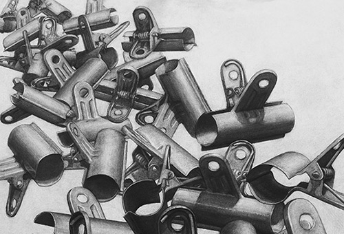 Paper Clips - overlapping of daily objects in charcoal drawing by Singapore realist artist Liu Ling