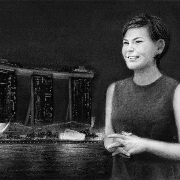 Corporate charcoal portrait with a building, commissioned by Software AG