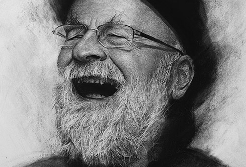 Terry Pratchett (sold art) - portrait artwork of the English author of Discworld by charcoal drawing artist Liu Ling