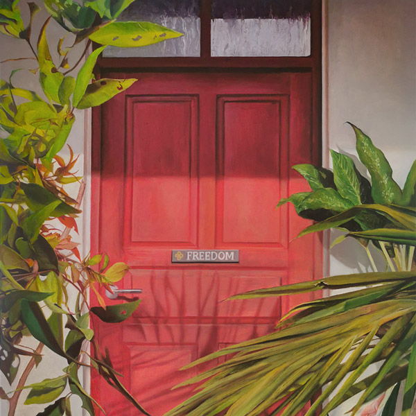 Commissioned oil painting of a red door