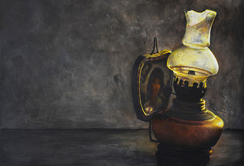 Still life drawing of an old lamp.